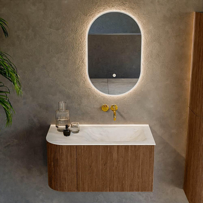 MONDIAZ KURVE-DLUX 85cm Meuble salle de bain avec module 25 G - couleur Walnut - 1 tiroir - 1 porte - vasque CLOUD droite - sans trou de robinet - couleur Ostra