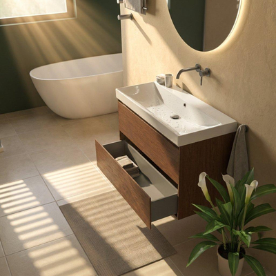 Saniclass Holz Pure Ensemble meuble de salle de bains - 100x45x67.5cm - lavabo Wave en céramique - 1 vasque - sans trou de robinet - 2 tiroirs - walnut pure mat (bois)