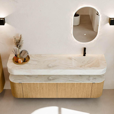 MONDIAZ THOR-DLUX Meuble de salle de bains - 180cm - arrondi gauche + droite - couleur Oak - 2 tiroirs et 2 portes - Vasque suspendue CLOUD Droite 1 trou de robinet couleur Ostra