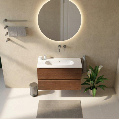 Saniclass Holz Pure Ensemble de meubles de salle de bains - 100x45x73.9cm - lavabo en céramique Chaci blanc - 1 vasque - sans trou de robinet - 2 tiroirs - noyer pure mat (bois)