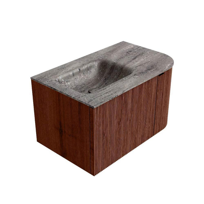 MONDIAZ KURVE-DLUX Meuble de salle de bains 75cm arrondi à droite couleur Ruby avec 1 tiroir et 1 porte. Lavabo GRUNNE à gauche 1 trou de robinet Oza.