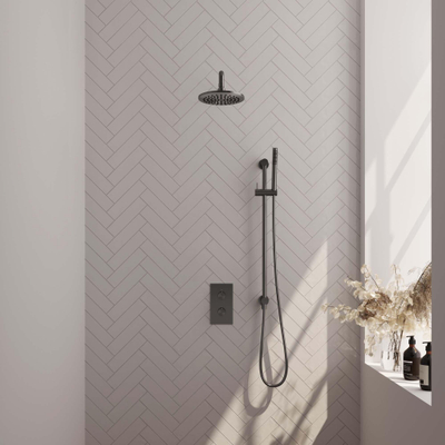BRAUER Gunmetal Edition inbouw regendoucheset – Ø20 cm hoofddouche – 40 cm gebogen wandarm – met omstel – glijstang 70 cm