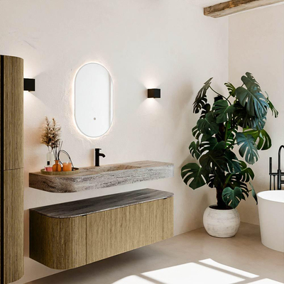 MONDIAZ THOR-DLUX Meuble de salle de bains 140cm arrondi gauche + droite couleur Dusk avec 1 tiroir et 2 portes. Vasque suspendue CLOUD Milieu 1 trou de robinet couleur Oza.