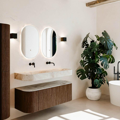 MONDIAZ THOR-DLUX 130cm meuble de salle de bains arrondi gauche + droite couleur Walnut avec 1 tiroir et 2 portes. Vasque suspendue CLOUD Double sans trou de robinet couleur Frappe.