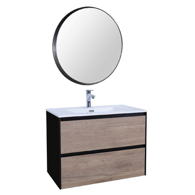 Adema Industrial Meuble avec miroir rond noir 80x45.5x58cm vasque avec trop-plein Bois