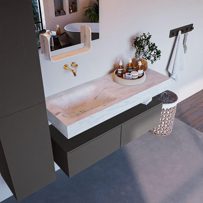 Mondiaz ALAN-DLUX Ensemble de meuble - 120cm - meuble Dark grey mat - 2 tiroirs - Lavabo Cloud Opalo suspendu - vasque Gauche - 0 trous de robinet