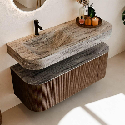 MONDIAZ THOR-DLUX 120cm badmeubel ronding links + rechts kleur Walnut met 1 lade en 2 deuren. Vrijhangende wastafel CLOUD Links 1 kraangat kleur Oza.