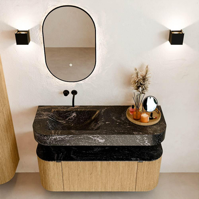 MONDIAZ THOR-DLUX 120cm meuble de salle de bains arrondi gauche + droite couleur Oak avec 1 tiroir et 2 portes. Vasque suspendue CLOUD Gauche sans trou de robinet couleur Lava.