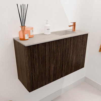Mondiaz JOYA-DLUX 70cm toiletmeubel - kleur Walnut - Wastafel FAYE positie Rechts 1 kraangat kleur Opalo.