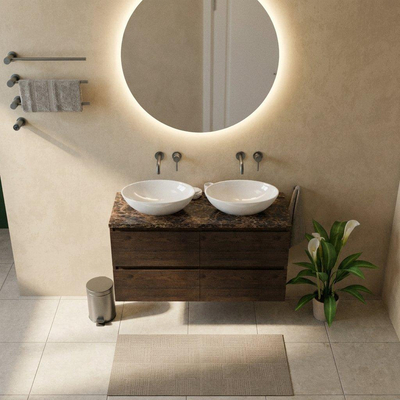 Saniclass Holz Pure Ensemble de meubles de salle de bains - 120x45x63cm - Plan de travail en pierre naturelle Noche dark emperador - sans trou de robinet - 4 tiroirs - chêne charcoal mat (bois)