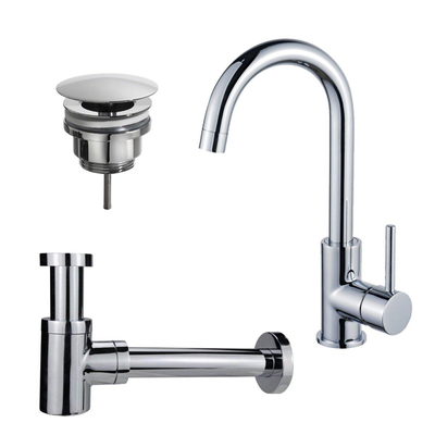 FortiFura Calvi Kit robinet lavabo - robinet haut - bec rotatif - bonde non-obturable - siphon design bas - Chrome brillant