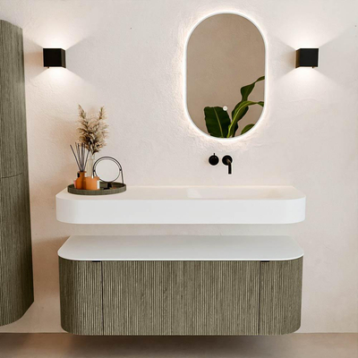 MONDIAZ THOR 130cm meuble de salle de bains arrondi gauche + droite couleur Shadow avec 1 tiroir et 2 portes. Vasque suspendue CLOUD Droite sans trou de robinet couleur Talc.