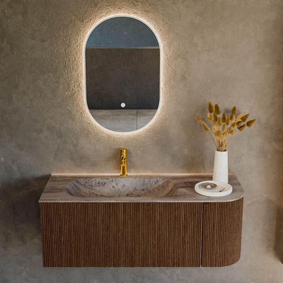 MONDIAZ KURVE-DLUX Meuble de salle de bains 115cm arrondi à droite couleur Walnut avec 1 tiroir et 1 porte. Lavabo BIG SMALL à gauche 1 trou de robinet Oza.