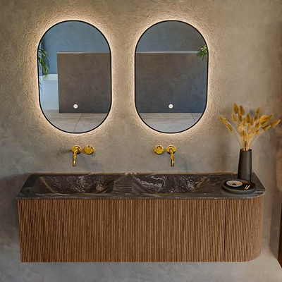 MONDIAZ KURVE-DLUX 145cm Meuble salle de bain avec module 25 D - couleur Walnut - 1 tiroir - 1 porte - vasque LEAF double / gauche - sans trou de robinet - couleur Lava