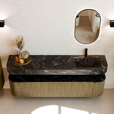 MONDIAZ THOR-DLUX Meuble de salle de bains 190cm arrondi gauche + droite couleur Dusk avec 2 tiroirs et 2 portes. Vasque suspendue CLOUD Droite 1 trou de robinet couleur Lava.