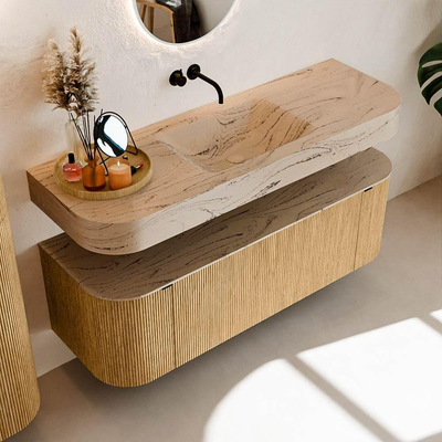 MONDIAZ THOR-DLUX 140cm badmeubel ronding links + rechts kleur Oak met 1 lade en 2 deuren. Vrijhangende wastafel CLOUD Midden zonder kraangat kleur Arena.