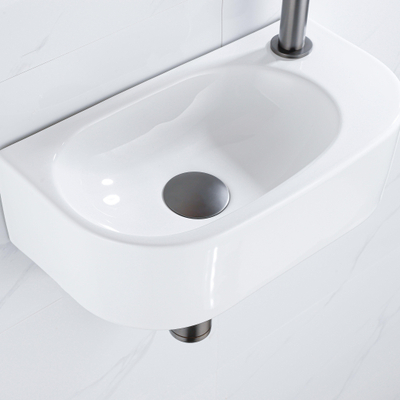 Fugaflow Efficiente Pietra Ensemble de fontaine - 40x21.5x12cm - droite - lisse - demi-rond - 1 trou de robinet - céramique - robinet de fontaine gunmetal - bonde d’évacuation - siphon déporté - blanc brillant