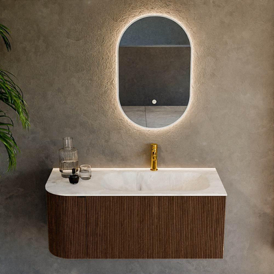 MONDIAZ KURVE-DLUX 105cm badmeubel met module 25 L kleur Walnut met 1 lade en 1 deur. Wastafel BIG SMALL rechts 1 kraangat kleur Frappe.