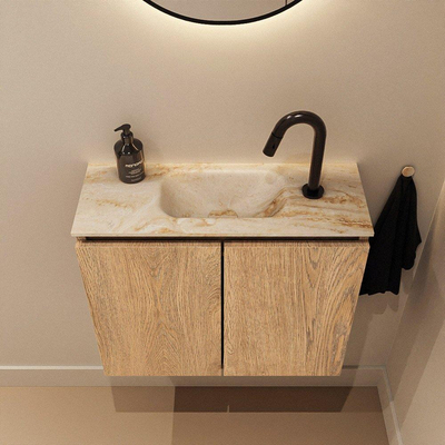 MONDIAZ TURE-DLUX Meuble toilette - 60cm - Washed Oak - EDEN - vasque Frappe - position centrale - 1 trou de robinet