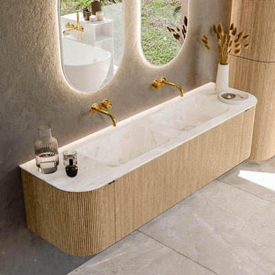 MONDIAZ KURVE-DLUX meuble de salle de bains 170 cm avec module 25 Len R couleur Chêne avec 1 tiroir et 2 portes. Lavabo LEAF double sans trou de robinetterie couleur Frappe.
