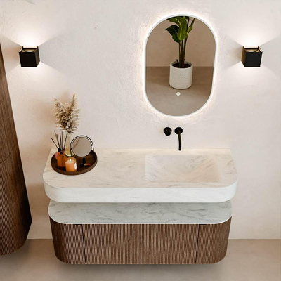 MONDIAZ THOR-DLUX 130cm meuble de salle de bains arrondi gauche + droite couleur Walnut avec 1 tiroir et 2 portes. Vasque suspendue CLOUD Droite sans trou de robinet couleur Opalo.