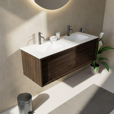 Saniclass Holz Frame Ensemble de meubles de salle de bains - 120x45x41.5cm - Flow lavabo en solid surface blanc - 2 vasques - 2 trous de robinetterie - 1 tiroir - chêne charcoal mat (bois)