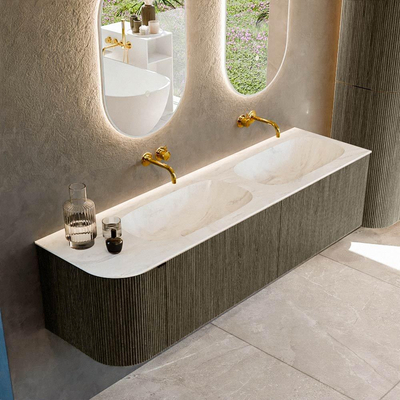 Ensemble de meuble de salle de bain Mondiaz KURVE-DLUX - 165x46x40cm - 2 tiroirs - 1 porte - lavabo en solid surface - double / droite - sans trou de robinet - Shadow
