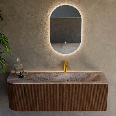 MONDIAZ KURVE-DLUX meuble de salle de bains 135cm arrondi à gauche couleur noyer avec 1 tiroir et 1 porte. Lavabo BIG MEDIUM à droite 1 trou de robinet Oza.