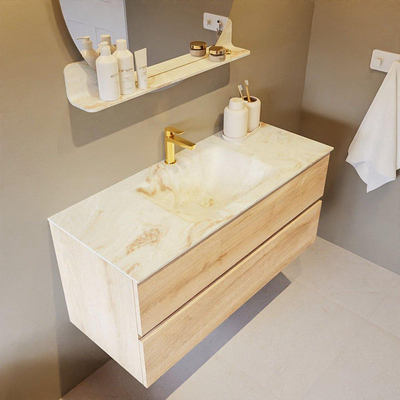 Mondiaz VICA-DLUX Ensemble de meuble de salle de bain - 110cm - meuble sous-vasque chêne blanchi - 2 tiroirs - lavabo encastré nuage milieu - 1 trou de robinet - version haute de 60cm - frape