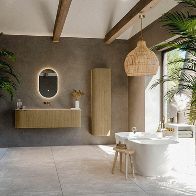 MONDIAZ KURVE-DLUX Meuble de salle de bains 150cm arrondi Gauche + Droite couleur Dusk avec 1 tiroir et 2 portes. Plan-vasque BIG MEDIUM Central sans trou de robinet Arena.