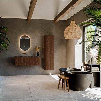 MONDIAZ KURVE-DLUX 115cm meuble de salle de bains avec module 25 R couleur Walnut avec 1 tiroir et 1 porte. Lavabo BIG SMALL gauche sans trou de robinet couleur Lava.