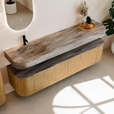 MONDIAZ THOR-DLUX Meuble de salle de bains 190cm arrondi gauche + droite couleur Oak avec 2 tiroirs et 2 portes. Vasque suspendue CLOUD Gauche 1 trou de robinet couleur Oza.