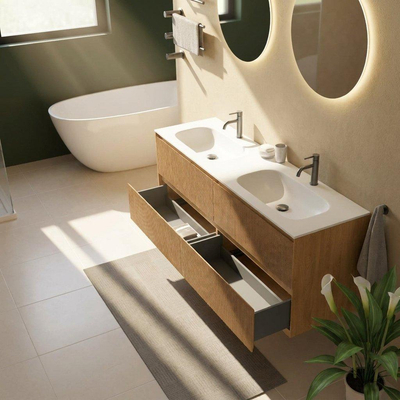 Saniclass Holz Atelier Ensemble meuble de salle de bains - 160x45x61.5cm - lavabo Flow en solid surface blanc - 2 vasques - 2 trous de robinetterie - 4 tiroirs - chêne natural mat (bois)