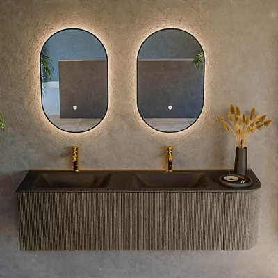 Mondiaz KURVE Ensemble de meuble salle de bain - 155x46x40cm - 2 tiroirs - 1 porte - lavabo en solid surface - double / gauche - 2 trous de robinet - Shadow