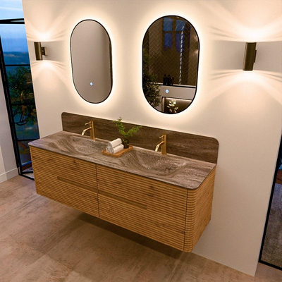 Mondiaz CIRO-DLUX Ensemble de meubles de salle de bains - 160x45x50cm - Plan vasque solid surface Oza - 2 lavabos double - 2 trous de robinetterie - 4 tiroirs - Chêne