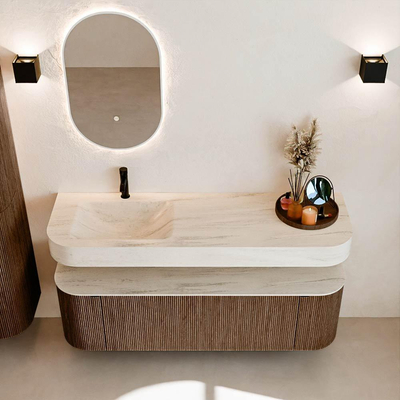 MONDIAZ THOR-DLUX 150cm meuble de salle de bains arrondi gauche + droite couleur Walnut avec 1 tiroir et 2 portes. Vasque suspendue CLOUD Gauche 1 trou de robinet couleur Meli.