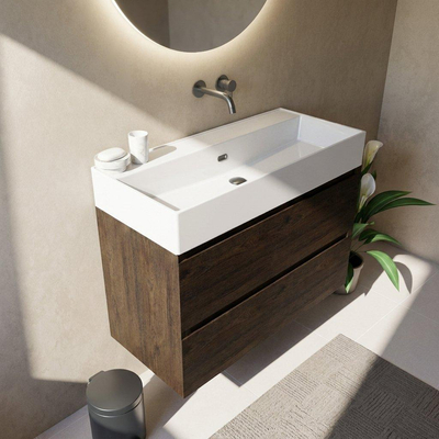 Saniclass Holz Pure Ensemble de meubles de salle de bains - 100x45x72cm - Legend lavabo en céramique blanc - 1 vasque - sans trou de robinet - 2 tiroirs - chêne charcoal mat (bois)