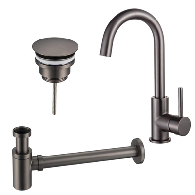 Fortifura Calvi Wastafelkraanset - hoge wastafelkraan - draaibare - uitloop - always open plug - verlaagde design - sifon - PVD - geborsteld gunmetal (antraciet)