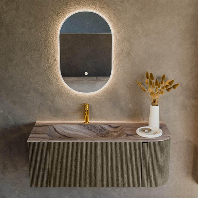 MONDIAZ KURVE-DLUX Meuble de salle de bains 115cm arrondi à droite couleur Shadow avec 1 tiroir et 1 porte. Lavabo BIG SMALL gauche 1 trou de robinet Sombra.