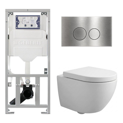 Pack WC QeramiQ Dely Swirl Compact - réservoir encastrable Geberit UP320 - avec bâti-support Burda - abattant 25 mm - plaque de commande en métal inox - boutons ronds - blanc mat
