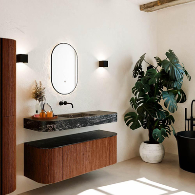 MONDIAZ THOR-DLUX Meuble de salle de bains 130cm arrondi gauche + droite couleur Ruby avec 1 tiroir et 2 portes. Vasque suspendue CLOUD Milieu sans trou de robinet couleur Lava.