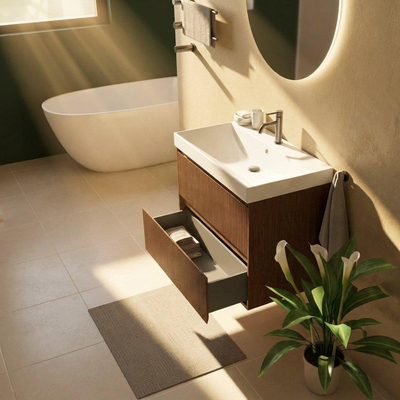 Saniclass Holz Atelier Ensemble meuble de salle de bains - 80x45x67.5cm - vasque Wave en céramique - 1 vasque - 1 trou de robinet - 2 tiroirs - walnut pure mat (bois)