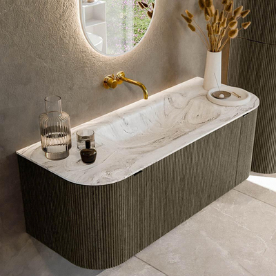 Ensemble de meuble de salle de bain Mondiaz KURVE-DLUX - 120x46x40cm - 1 tiroir - 2 portes - lavabo en solid surface - milieu - sans trou de robinet - Shadow