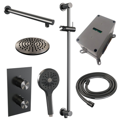 Brauer Gunmetal Edition Ensemble de douche de tête encastré - douche de tête 20 cm - bouton lisse - douchette ronde 3 jets - barre de douche - PVD - gunmetal brossé