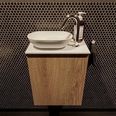 Mondiaz fowy meuble toilette 40x50x23cm chêne lavé mat 1 trou pour robinetterie évier : gauche 1 porte solid surface avec plan mélaminé couleur évier : blanc/noir