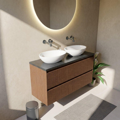 Saniclass Holz Atelier Ensemble meuble de salle de bains - 120x45x63cm - vasque en basalte Noche polie - 1 vasque - sans trou de robinetterie - 2 tiroirs - walnut pure mat (bois)