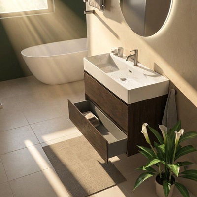 Saniclass Holz Pure Ensemble de meubles de salle de bains - 100x45x72cm - vasque Legend en céramique blanche - 1 vasque - 1 trou de robinet - 2 tiroirs - chêne charcoal mat (bois)