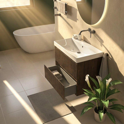 Saniclass Holz Atelier Ensemble meuble de salle de bains - 80x45x67.5cm - lavabo Wave en céramique - 1 vasque - sans trou de robinetterie - 2 tiroirs - chêne charcoal mat (bois)