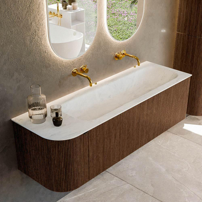 MONDIAZ KURVE-DLUX meuble de salle de bains 145 cm avec module 25 L couleur Walnut avec 1 tiroir et 1 porte. Lavabo BIG LARGE à droite sans trou de robinet couleur Opalo.