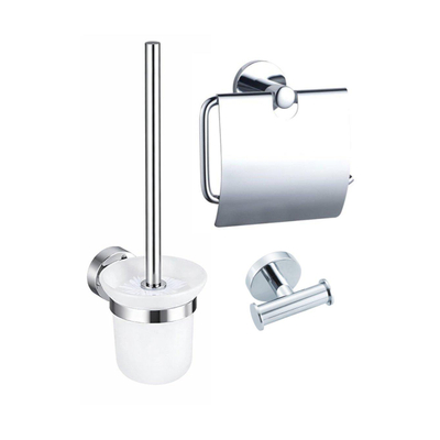 Fortifura Calvi Toiletset 3-delig - toiletrolhouder - met klep - toiletborstel - handdoekhaak dubbel rond - hoogglans chroom